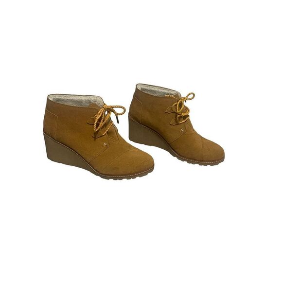Toms Suede Sherpa Lined Kala Lace Up Wedge Heel Ankle Bootie in Wheat Women’s Si - Picture 1 of 5